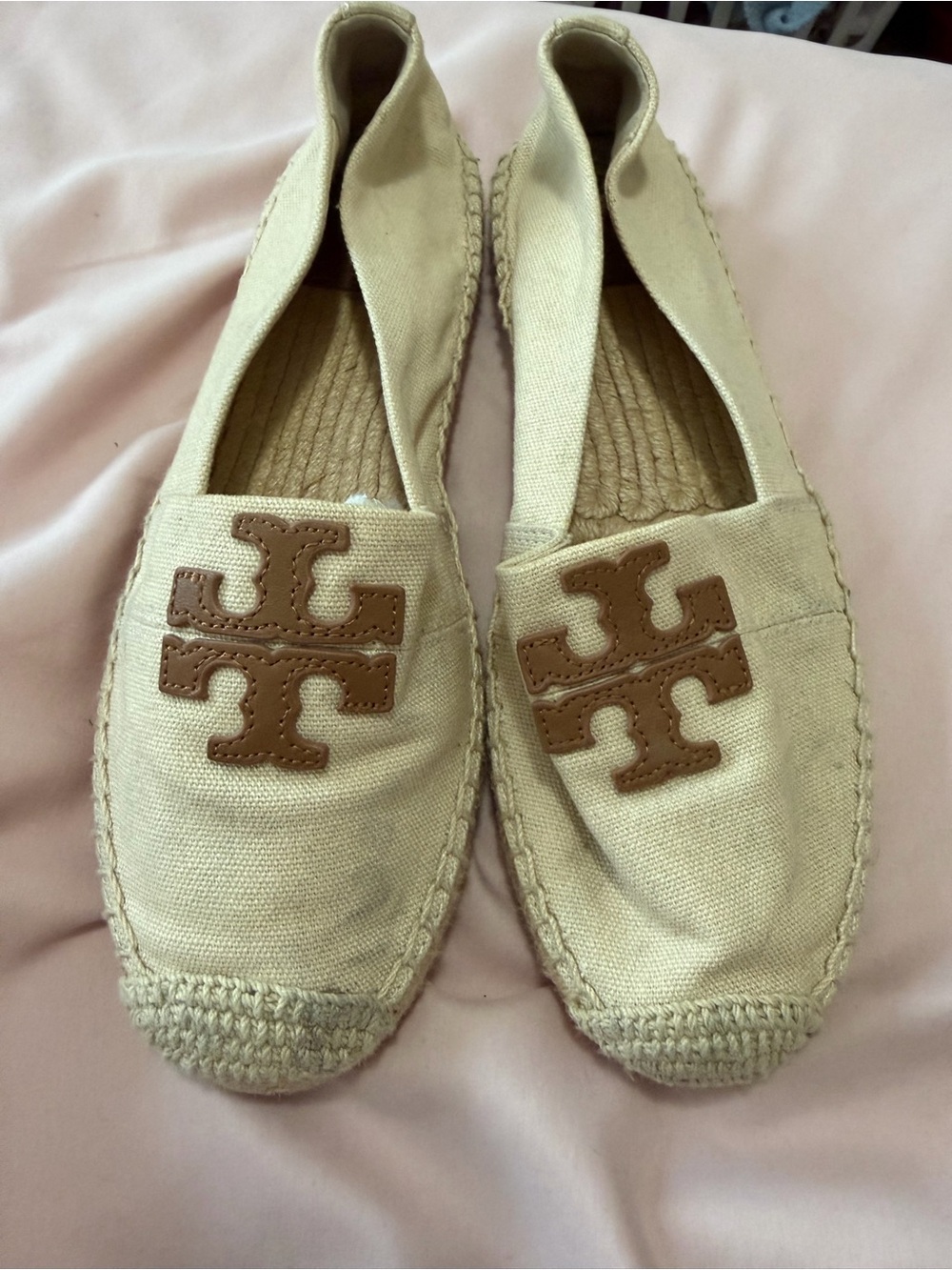 Tory Burch Cream Canvas Espadrilles with Brown Logo